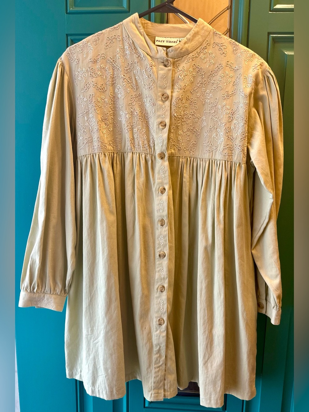 Vintage Past Times Victorian Embroidered Smock Dress Cottagecore Khaki Size S/M